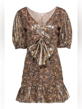 LoveShackFancy Metallic Brown Floral Puff-Sleeve Mini Dress